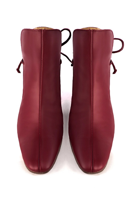 Burgundy red women's ankle boots with laces at the back. Square toe. Medium spool heels. Top view - Florence KOOIJMAN